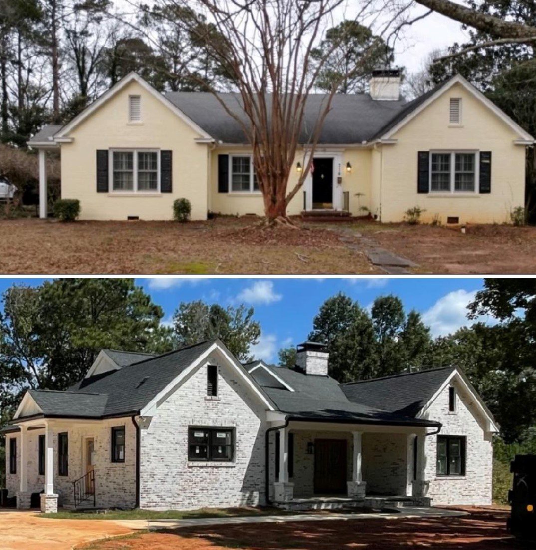 Two images of a house: the top image shows a one-story brick house with a central entrance and trees in the background. The bottom image shows the same house after renovation with a modern exterior.